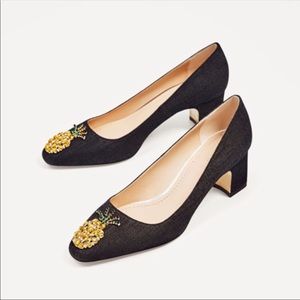 Zara Denim Jeweled Pineapple Heels